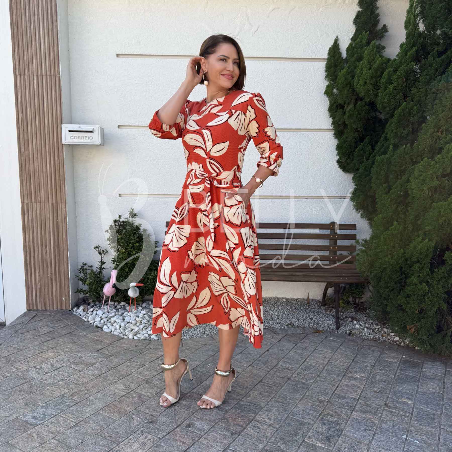 Vestido Midi Keyla Estampado em Poliéster Casual e Festa
