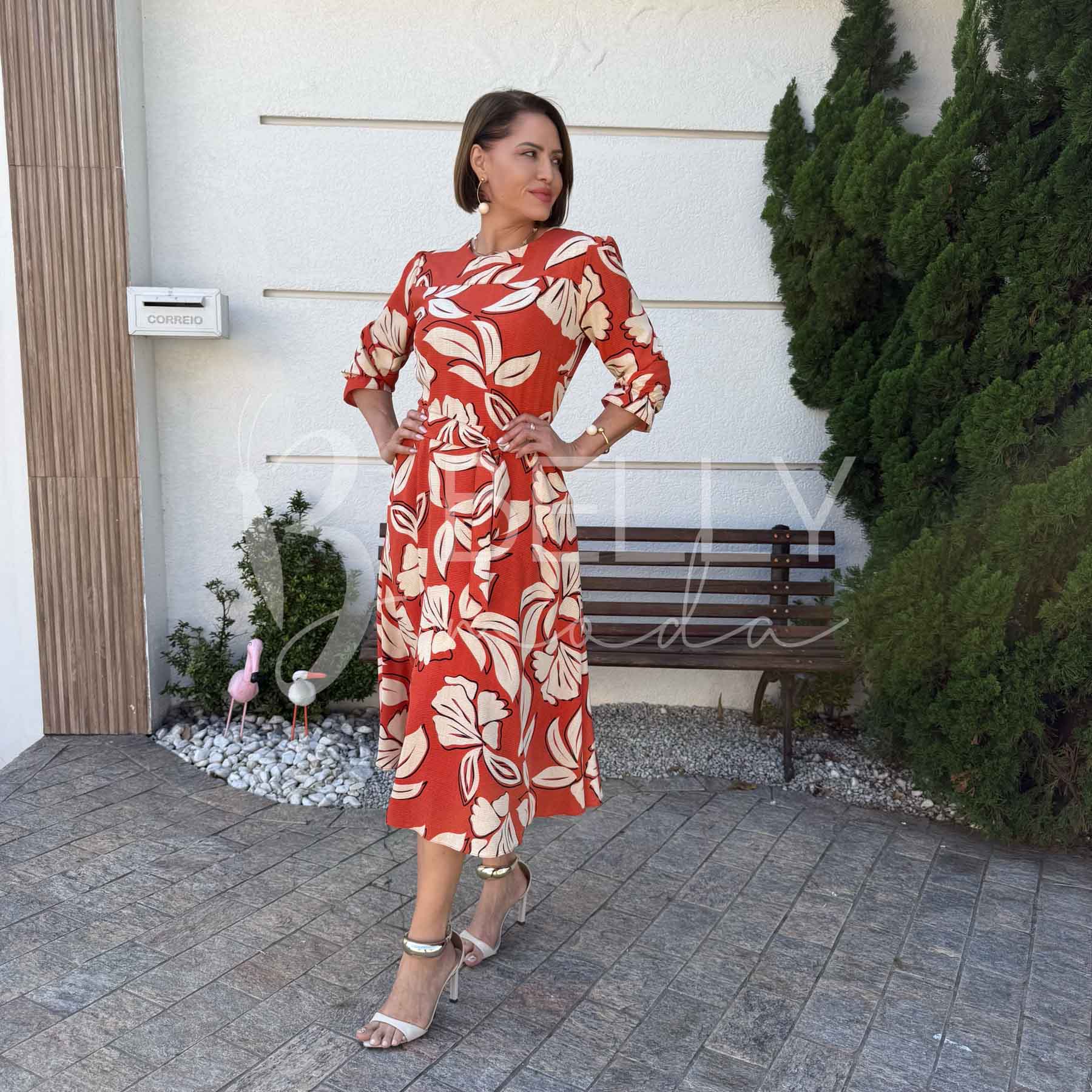 Vestido Midi Keyla Estampado em Poliéster Casual e Festa