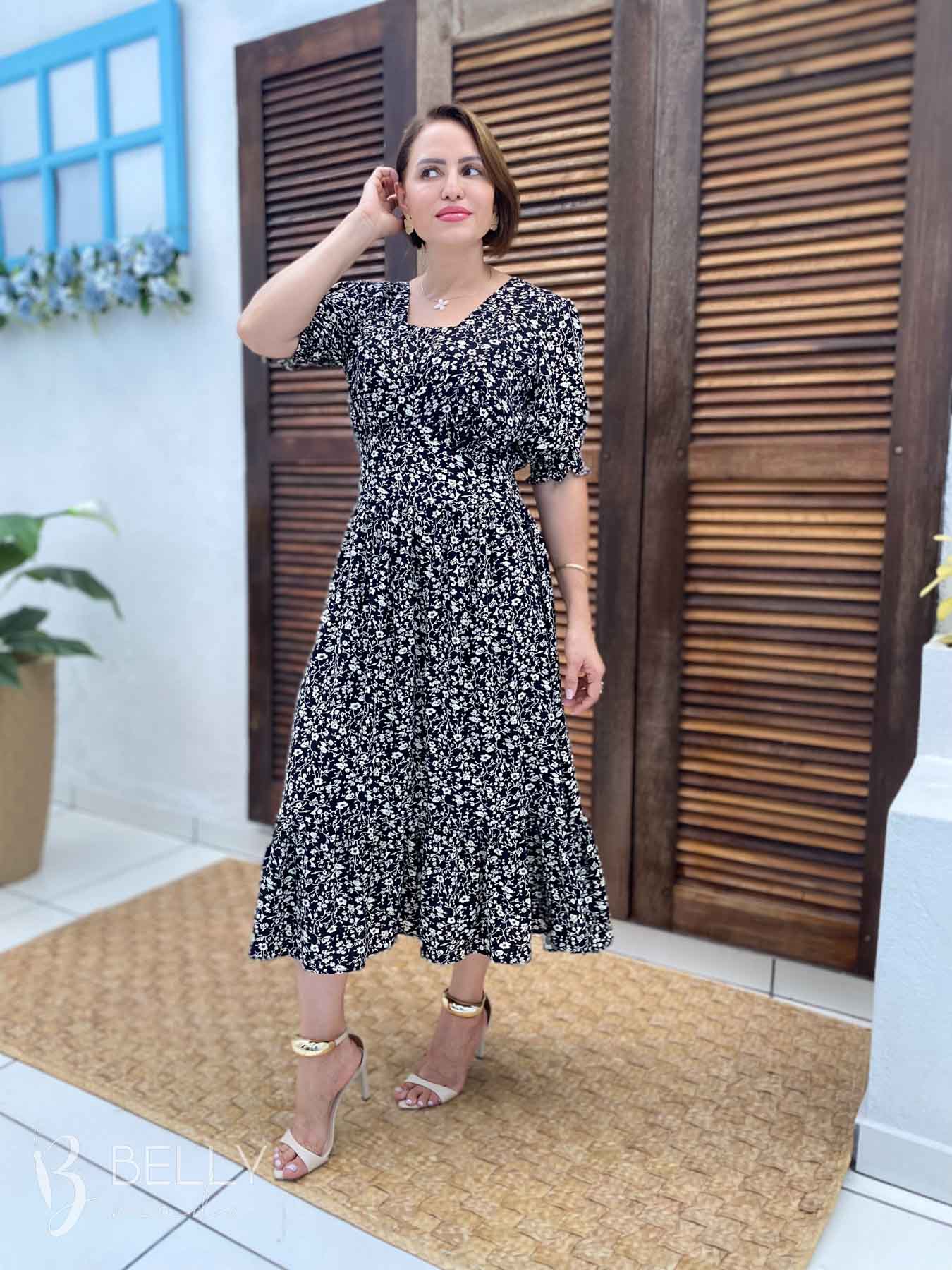 Vestido Silmara Midi com Decote Sobreposto